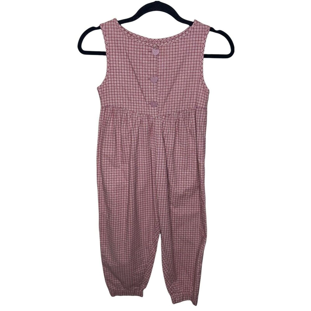 Vintage Handmade Girls Romper Size 5 Pink Check Print Baggy 1990s Heart Buttons